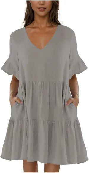 JOAU Dresses for Women Summer 2025 V Neck Short Ruffle Sleeve A Line Tiered Flowy Casual Trendy Mini Beach Dress with Pockets