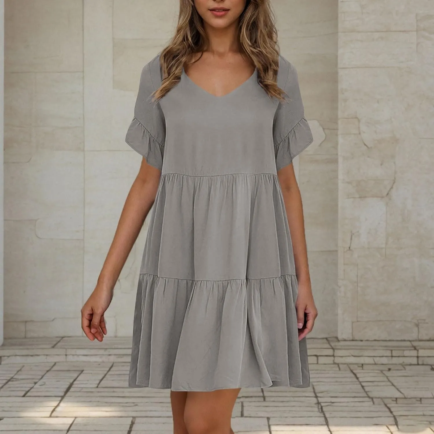 JOAU Dresses for Women Summer 2025 V Neck Short Ruffle Sleeve A Line Tiered Flowy Casual Trendy Mini Beach Dress with Pockets