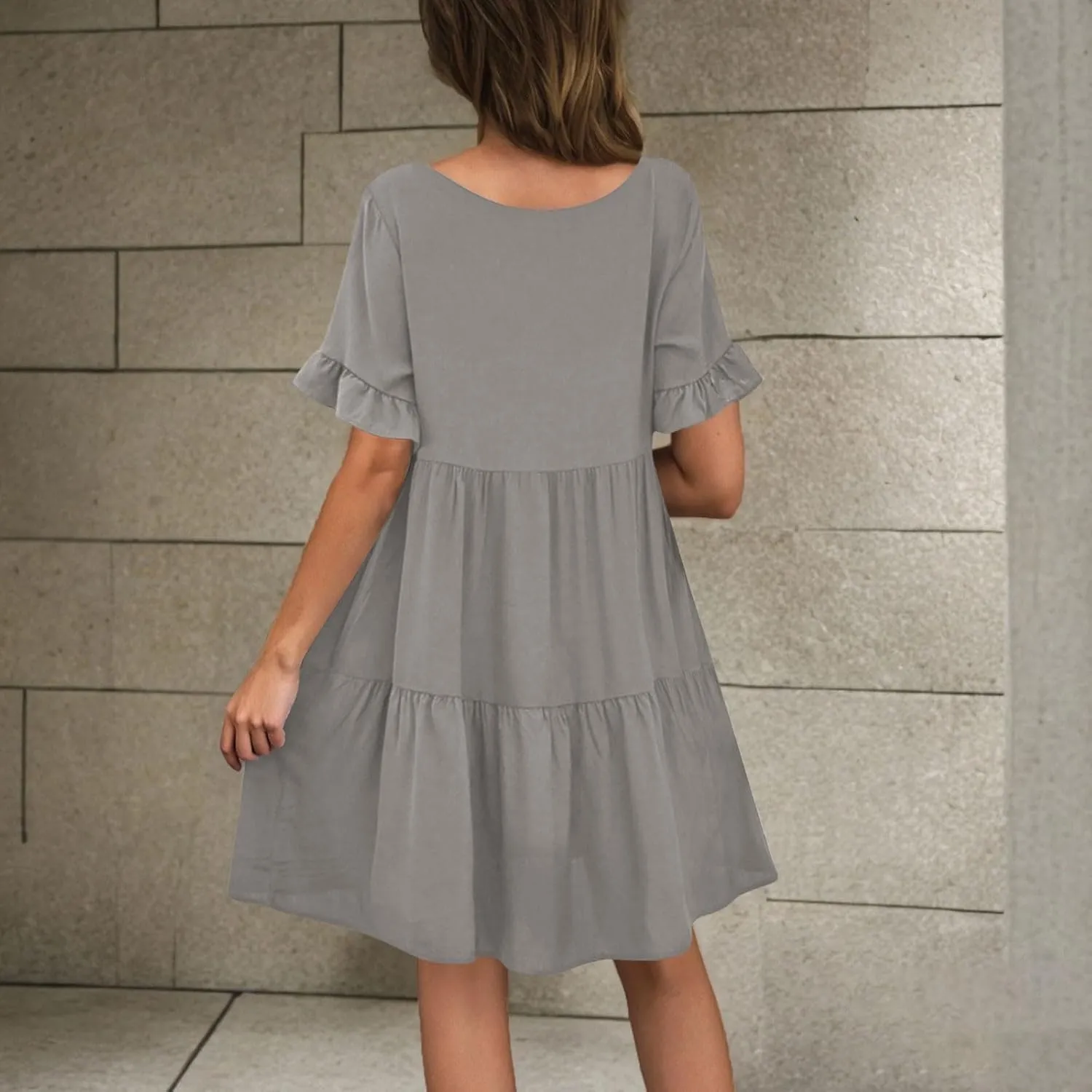 JOAU Dresses for Women Summer 2025 V Neck Short Ruffle Sleeve A Line Tiered Flowy Casual Trendy Mini Beach Dress with Pockets