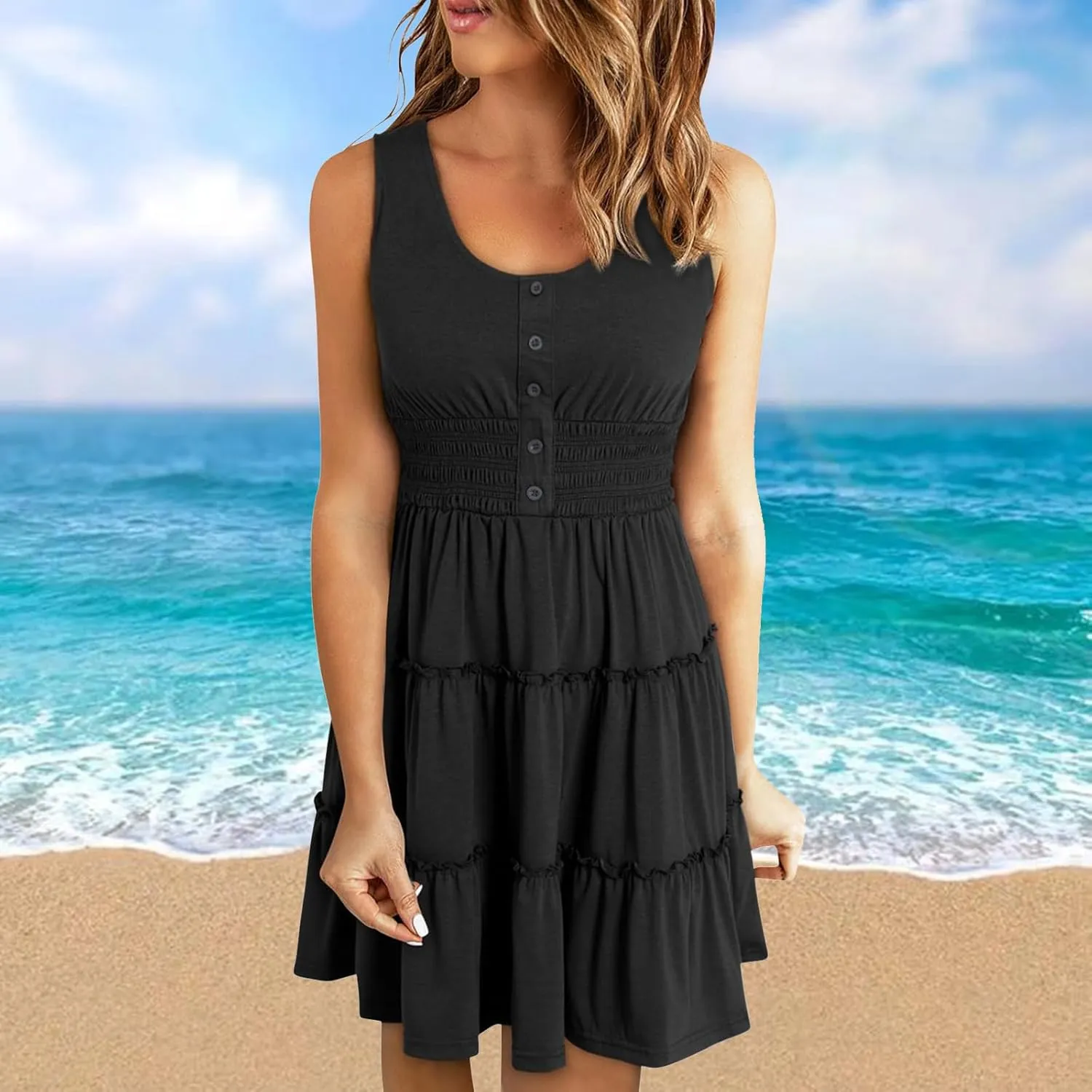 JOAU Women 2024 Summer Beach Dress Casual Sleeveless Crew Neck Sundress Button Smocked Waist Tiered Swing Ruffle Mini Dresses