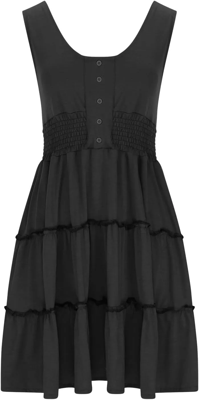 JOAU Women 2024 Summer Beach Dress Casual Sleeveless Crew Neck Sundress Button Smocked Waist Tiered Swing Ruffle Mini Dresses
