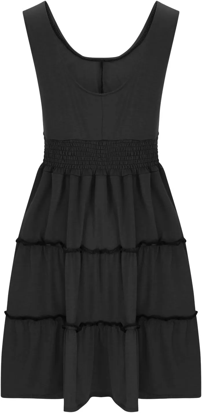JOAU Women 2024 Summer Beach Dress Casual Sleeveless Crew Neck Sundress Button Smocked Waist Tiered Swing Ruffle Mini Dresses