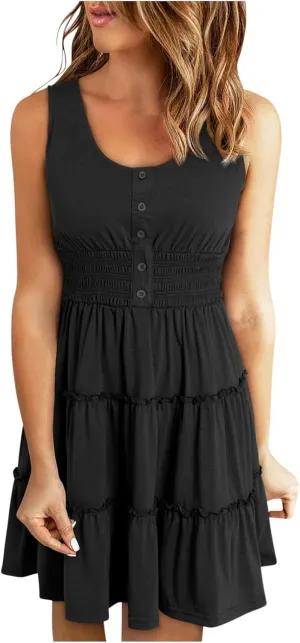 JOAU Women 2024 Summer Beach Dress Casual Sleeveless Crew Neck Sundress Button Smocked Waist Tiered Swing Ruffle Mini Dresses