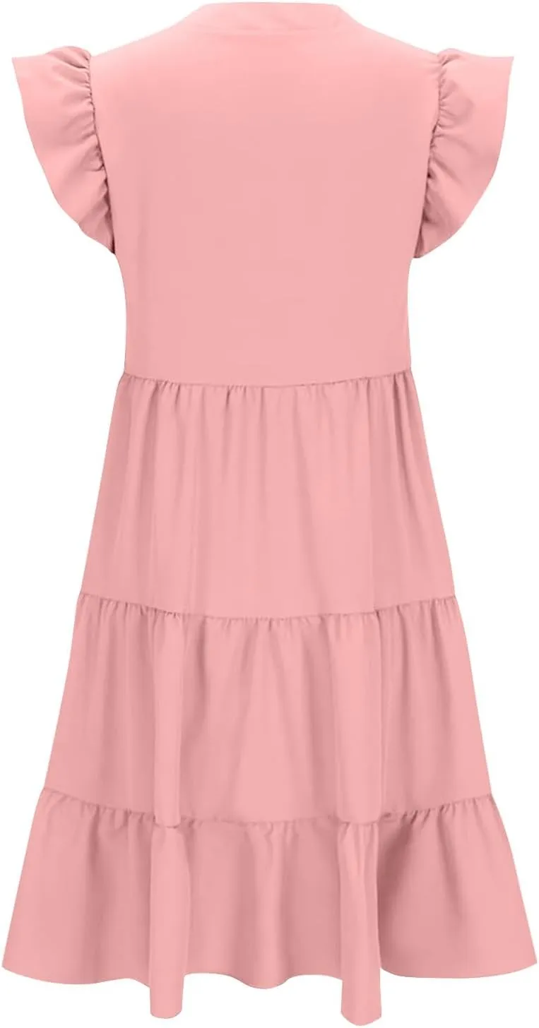 JOAU Women's 2025 Summer Casual Ruffle Cap Sleeve Midi Dress V Neck Flowy Tiered Swing A Line Beach Vacation Sundresses