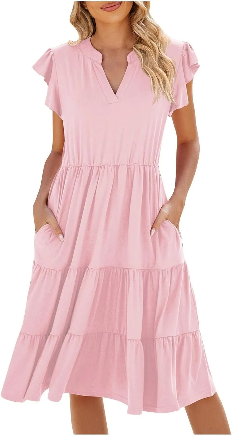 JOAU Women's 2025 Summer Casual Ruffle Cap Sleeve Midi Dress V Neck Flowy Tiered Swing A Line Beach Vacation Sundresses
