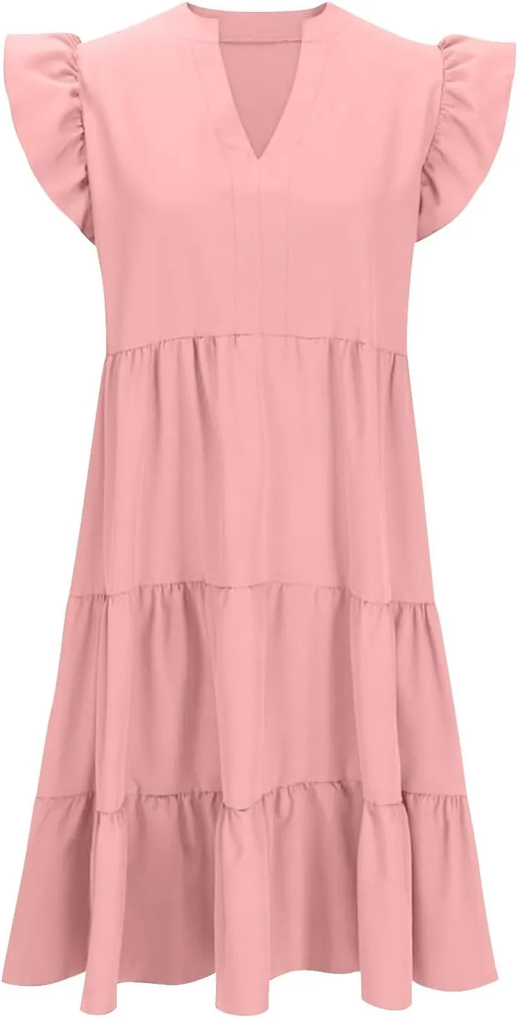 JOAU Women's 2025 Summer Casual Ruffle Cap Sleeve Midi Dress V Neck Flowy Tiered Swing A Line Beach Vacation Sundresses