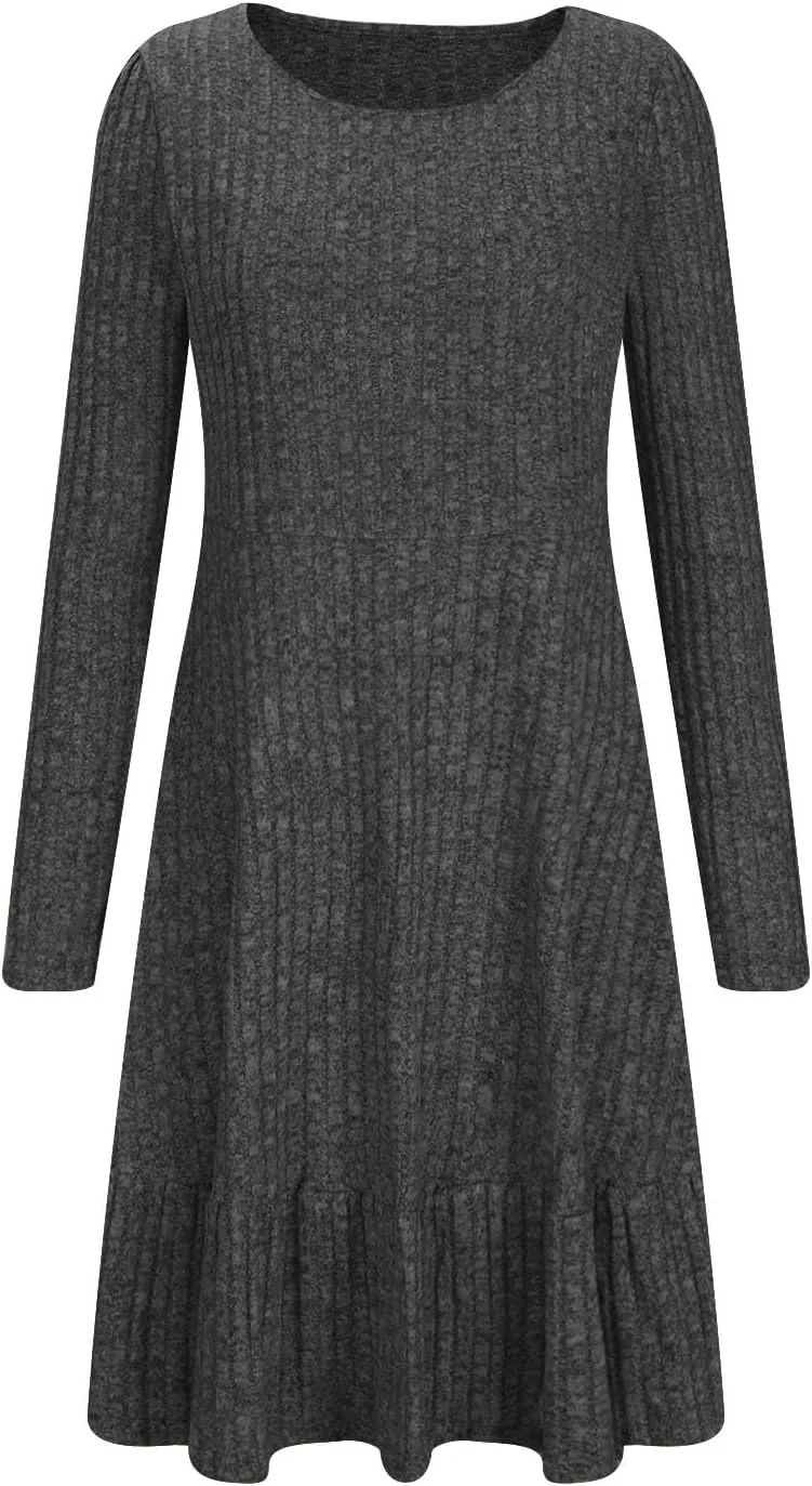 JOAU Women's Casual Round Neck Long Sleeve Ribbed Knit Dress High Waist Ruffle Hem A Line Tiered Swing Stretchy Mini Dresses