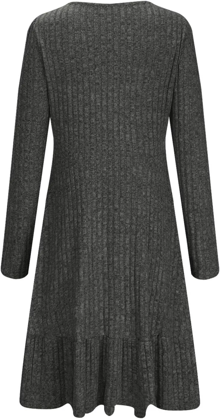JOAU Women's Casual Round Neck Long Sleeve Ribbed Knit Dress High Waist Ruffle Hem A Line Tiered Swing Stretchy Mini Dresses