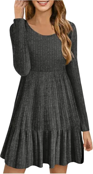 JOAU Women's Casual Round Neck Long Sleeve Ribbed Knit Dress High Waist Ruffle Hem A Line Tiered Swing Stretchy Mini Dresses