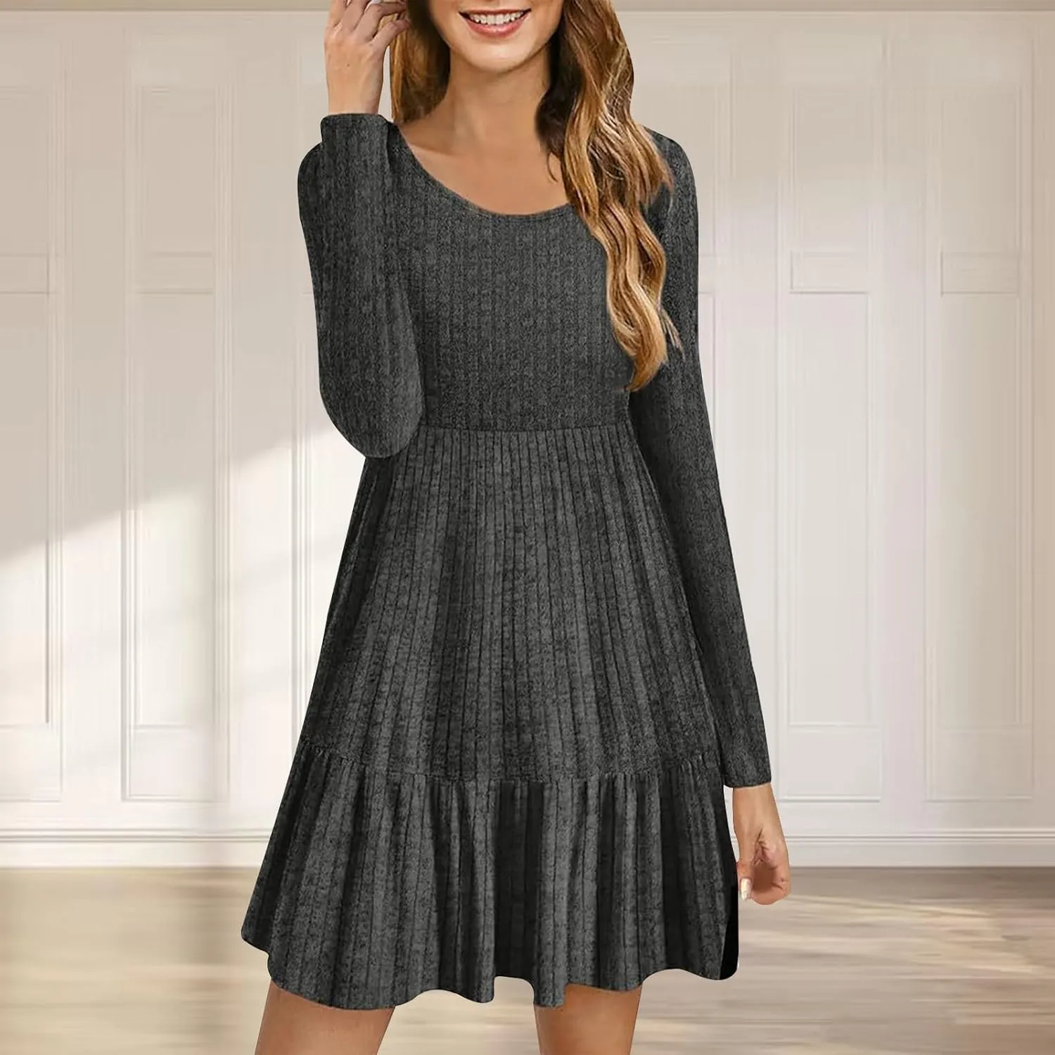JOAU Women's Casual Round Neck Long Sleeve Ribbed Knit Dress High Waist Ruffle Hem A Line Tiered Swing Stretchy Mini Dresses