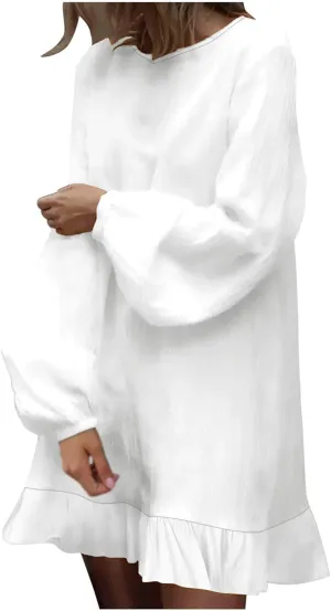 JOAU Women's Cotton Linen Shirt Dress Summer Casual Long Sleeve Ruffle Hem Crewneck Solid Loose Beach Shift Mini Dresses
