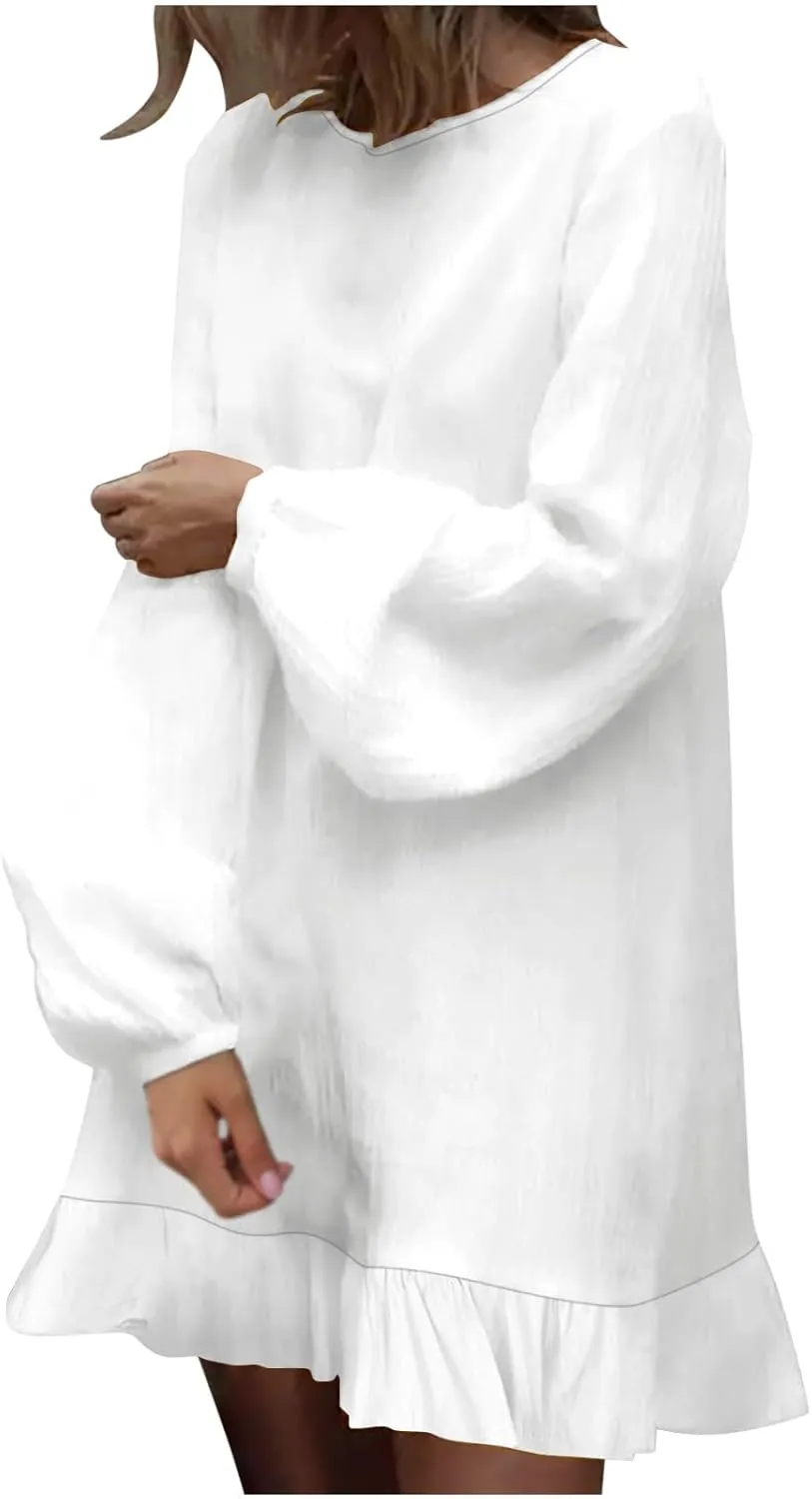 JOAU Women's Cotton Linen Shirt Dress Summer Casual Long Sleeve Ruffle Hem Crewneck Solid Loose Beach Shift Mini Dresses