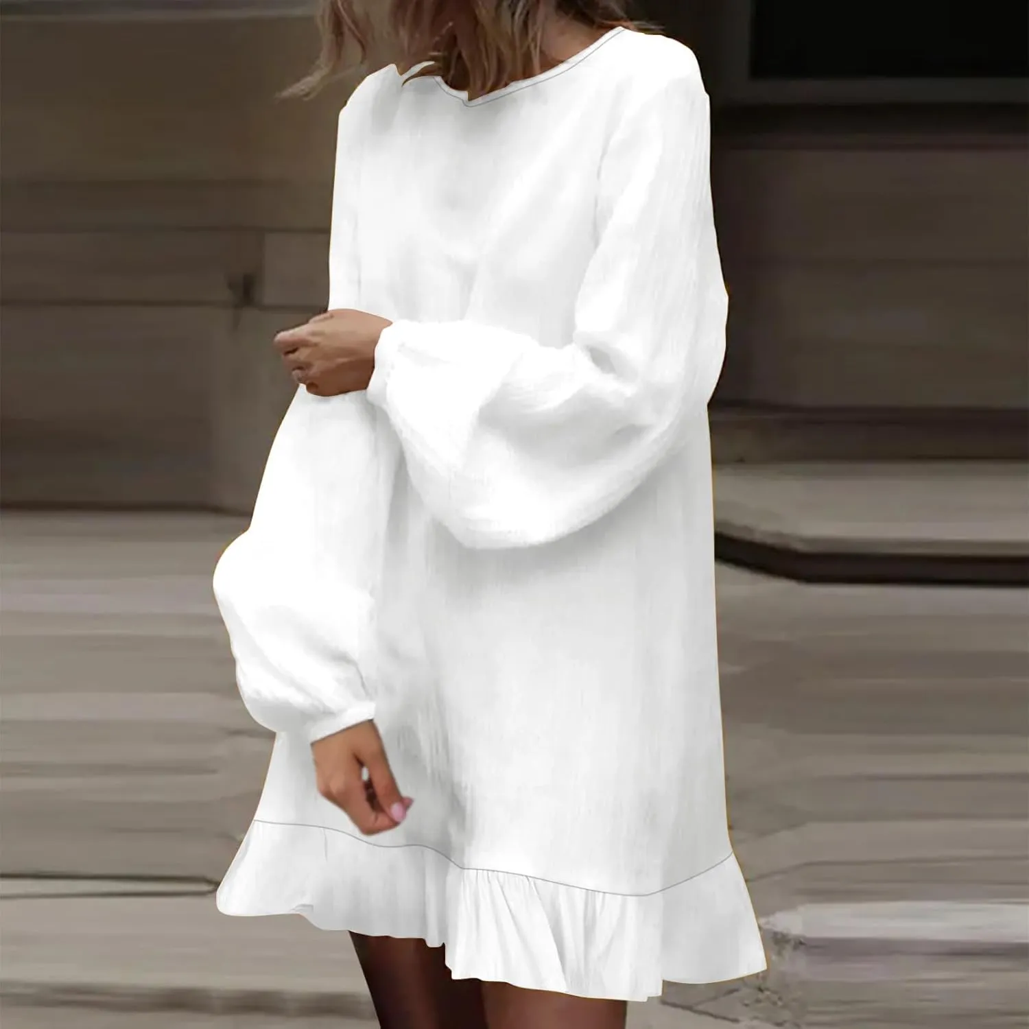 JOAU Women's Cotton Linen Shirt Dress Summer Casual Long Sleeve Ruffle Hem Crewneck Solid Loose Beach Shift Mini Dresses