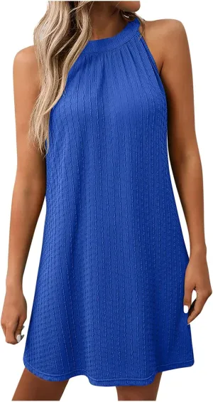 JOAU Women's Cute Halter Neck Sleeveless Mini Dress Summer Loose Solid Color Flowy Pleated Textured Beach Vacation Sundress