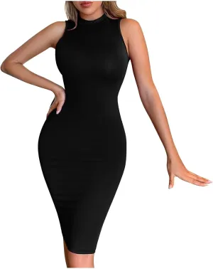 JOAU Women's Mock Neck Sleeveless Tank Dress Sexy Bodycon Knee Length Pencil Midi Dresses Summer Cocktail Party Sundress