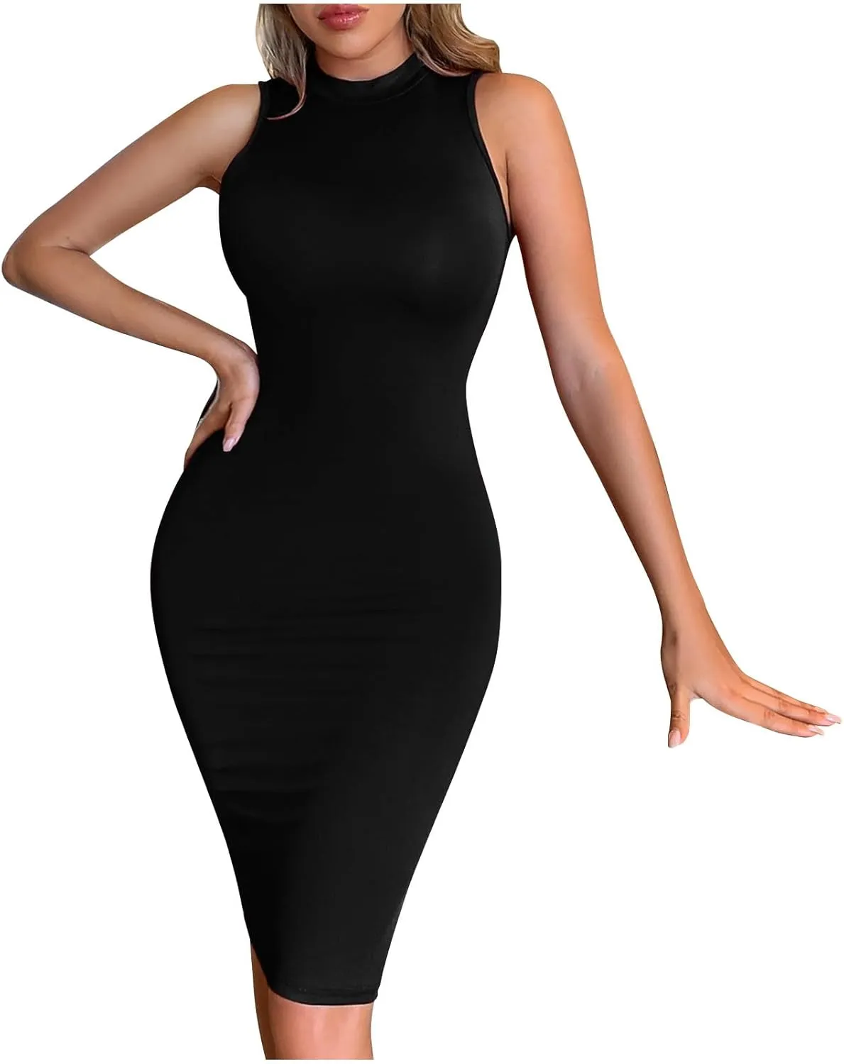 JOAU Women's Mock Neck Sleeveless Tank Dress Sexy Bodycon Knee Length Pencil Midi Dresses Summer Cocktail Party Sundress