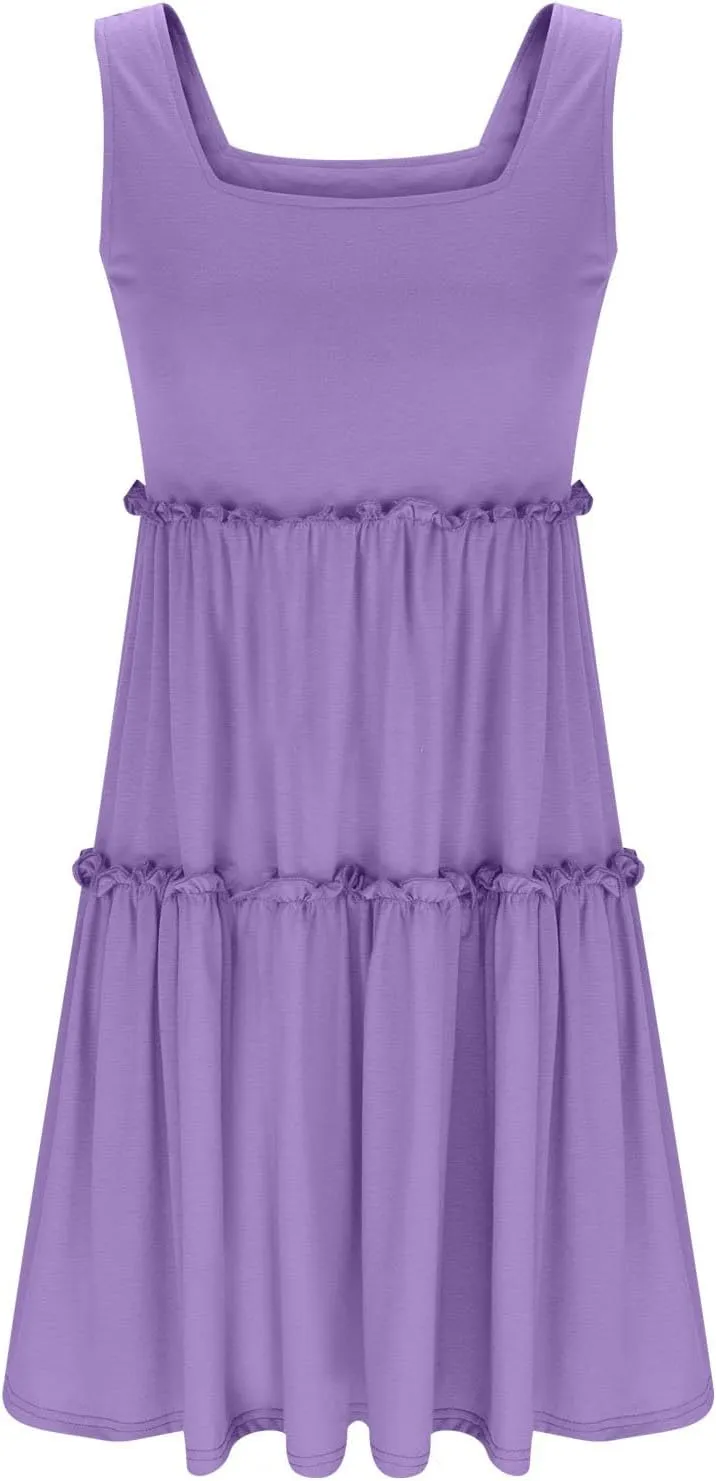JOAU Womens Summer Casual Square Neck A Line Mini Sundress Sleeveless Flowy Ruffle Tiered Tank Dress Beach Vacation Outfits