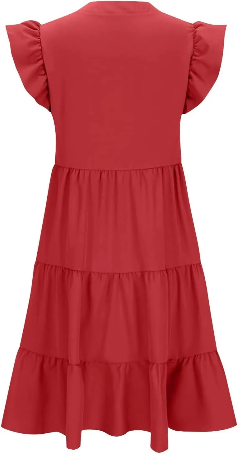 JOAU Womens Summer Flutter Sleeve V Neck Midi Dresses Casual Flowy Tiered Ruffle Boho Beach Vacation Sundress with Pockets