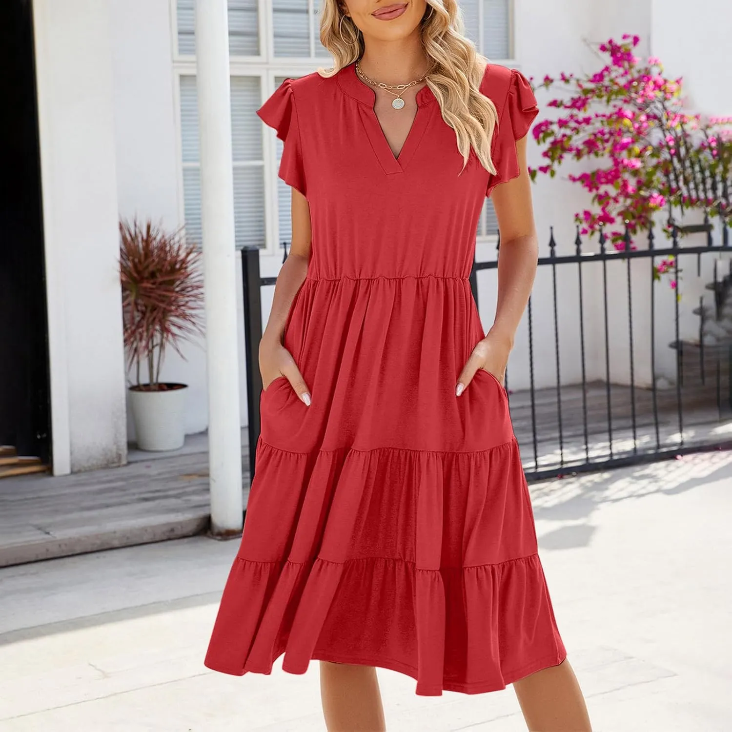 JOAU Womens Summer Flutter Sleeve V Neck Midi Dresses Casual Flowy Tiered Ruffle Boho Beach Vacation Sundress with Pockets