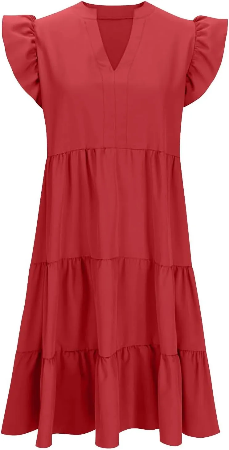 JOAU Womens Summer Flutter Sleeve V Neck Midi Dresses Casual Flowy Tiered Ruffle Boho Beach Vacation Sundress with Pockets