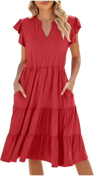 JOAU Womens Summer Flutter Sleeve V Neck Midi Dresses Casual Flowy Tiered Ruffle Boho Beach Vacation Sundress with Pockets