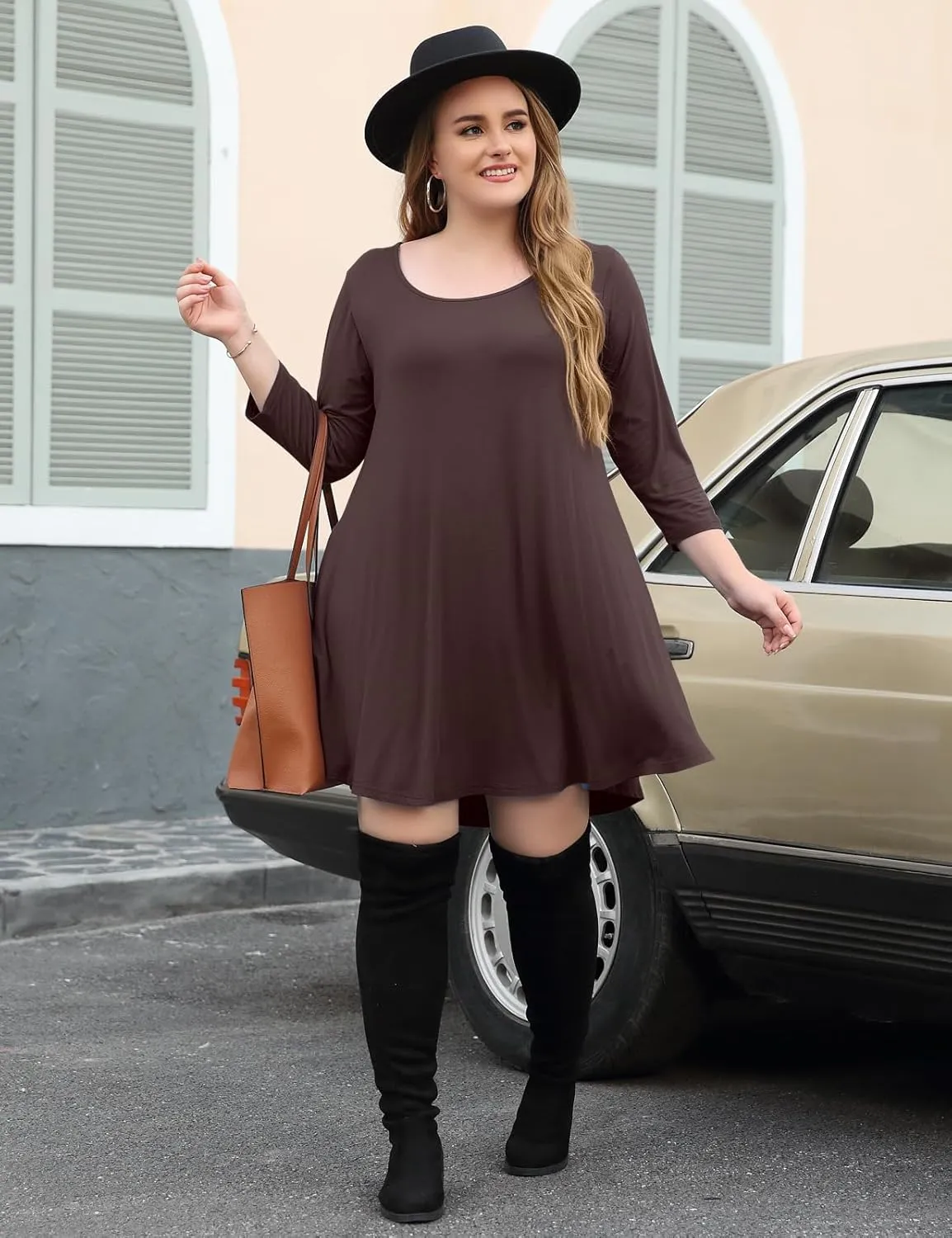 JollieLovin Women 3/4 Sleeve Plus Size Casual Fall Dresses 2024 Crew Neck T Shirt Long Tunic Dress
