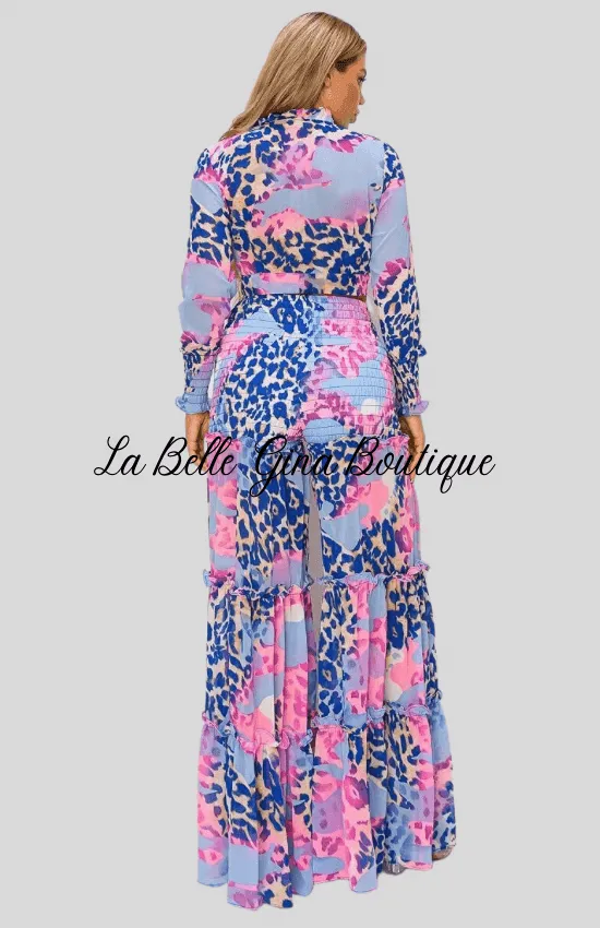 Kalisha Print Long Sleeve Top with Matching Wide Leg pants-Green Multi