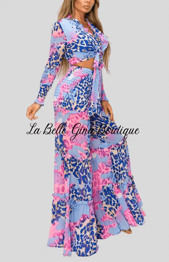 Kalisha Print Long Sleeve Top with Matching Wide Leg pants-Green Multi