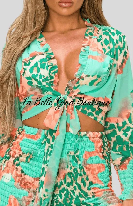 Kalisha Print Long Sleeve Top with Matching Wide Leg pants-Green Multi