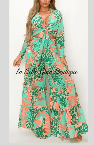 Kalisha Print Long Sleeve Top with Matching Wide Leg pants-Green Multi