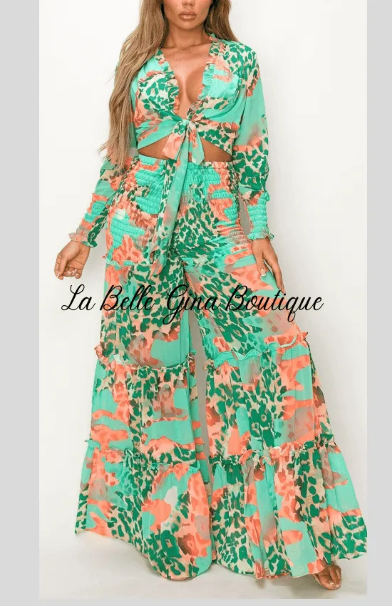 Kalisha Print Long Sleeve Top with Matching Wide Leg pants-Green Multi