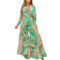 Kalisha Print Long Sleeve Top with Matching Wide Leg pants-Green Multi