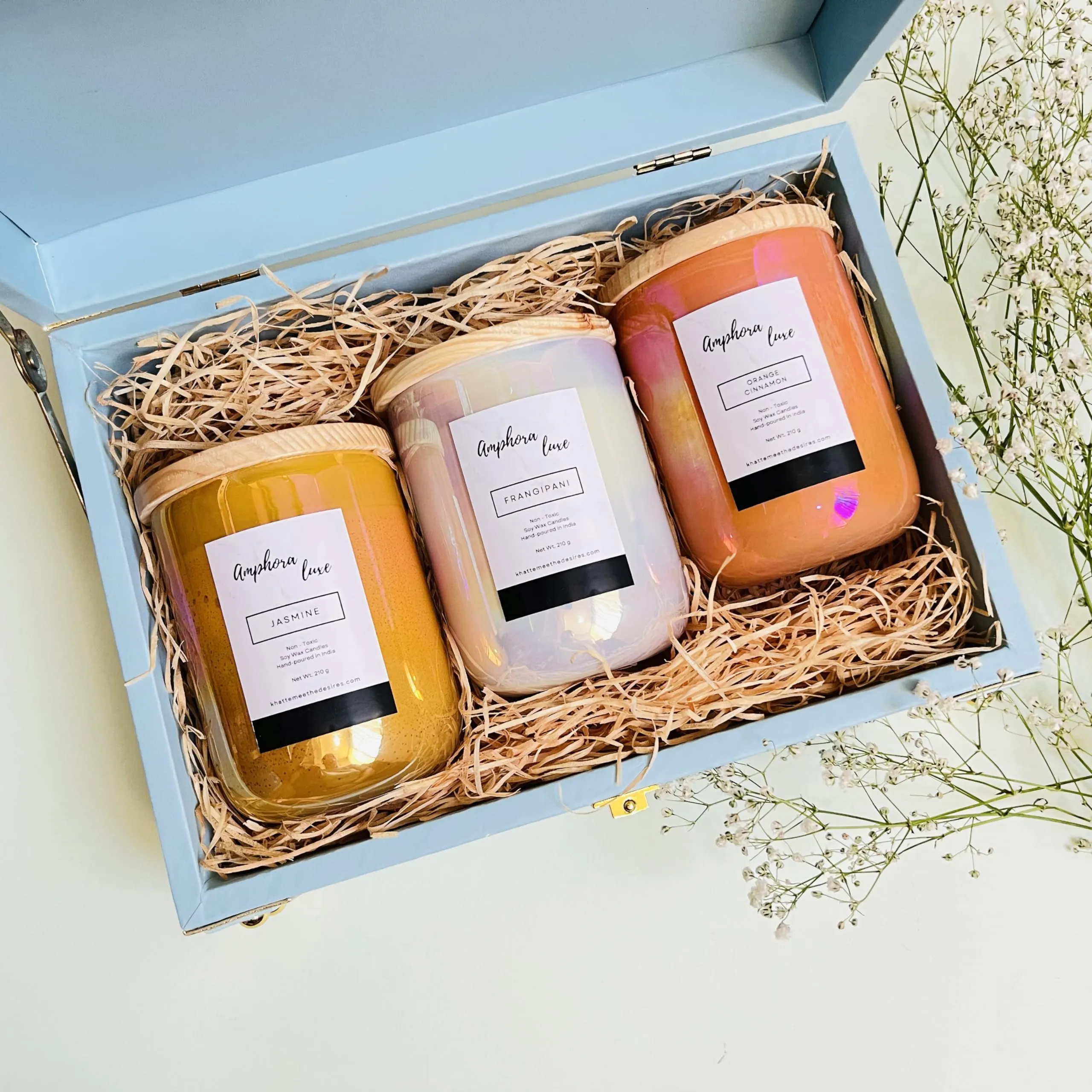 KHATTE MEETHE DESIRES Amphora Luxe Scented Jar Candles for Diwali & Christmas Home Decoration & Celebration Jasmine, Frangipani & Orange-Cinnamon Fragrance Best for Gifting Set of 3 Piece