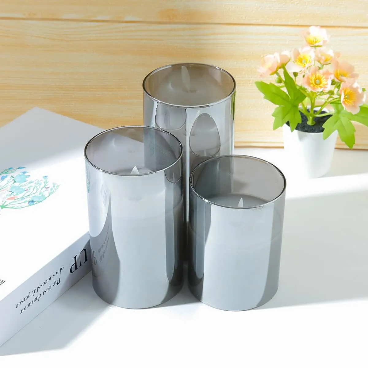 Kuber Industries LED Candles for Home Decoration|Battey Operated|Flameless Yellow Light|Safe & Easy to Maintain|Diwali Lights for Home Decoration, Other Festivities & Parties|Pack of 3|B0-004D|Gray