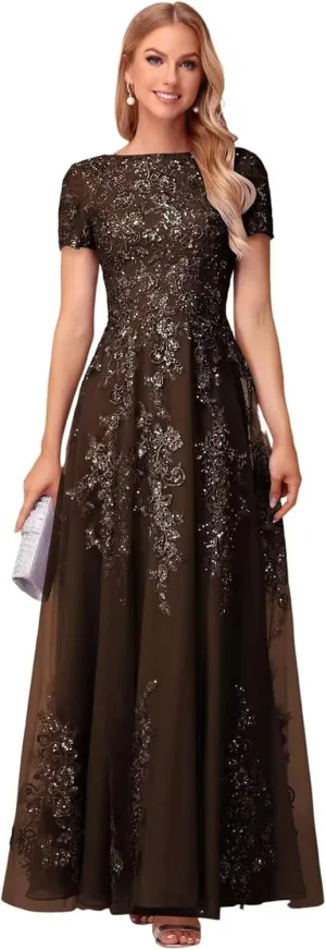 Lace Appliques Mother of The Bride Dresses Short Sleeve Long Sequin A-Line Formal Evening Prom Dress