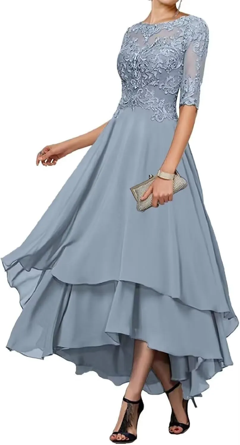 Lace Applqiues Mother of The Bride Dress for Wedding High Low Tiered Chiffon Formal Evening Gowns PG068