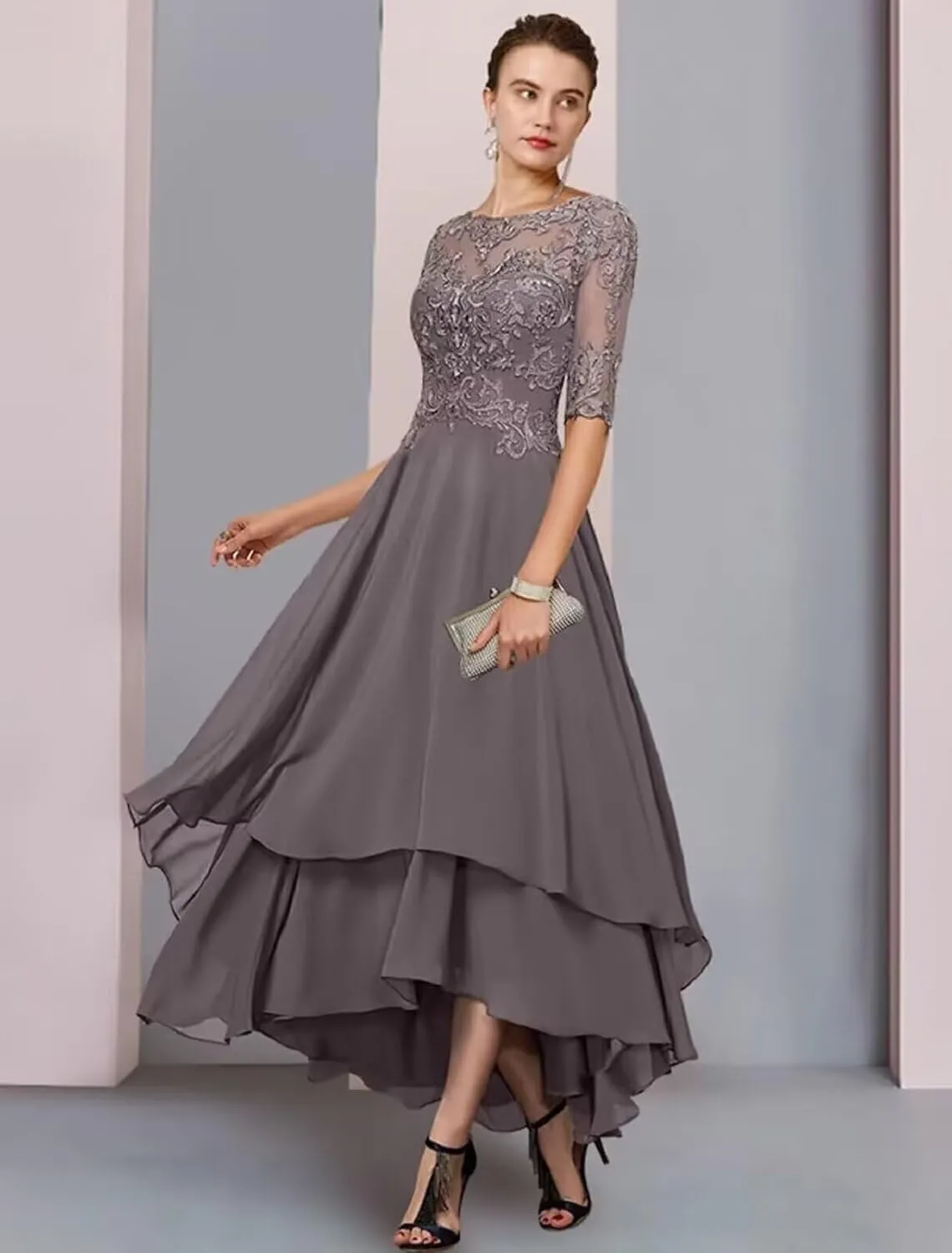 Lace Applqiues Mother of The Bride Dress for Wedding High Low Tiered Chiffon Formal Evening Gowns PG068