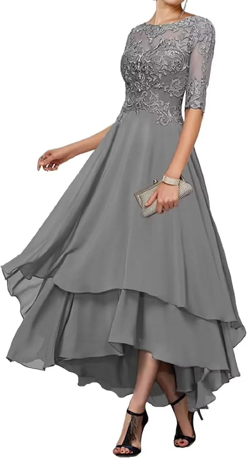 Lace Applqiues Mother of The Bride Dress for Wedding High Low Tiered Chiffon Formal Evening Gowns PG068