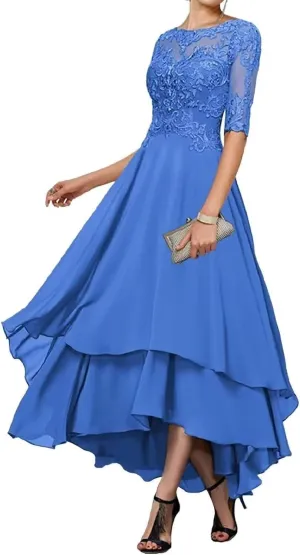 Lace Applqiues Mother of The Bride Dress for Wedding High Low Tiered Chiffon Formal Evening Gowns PG068