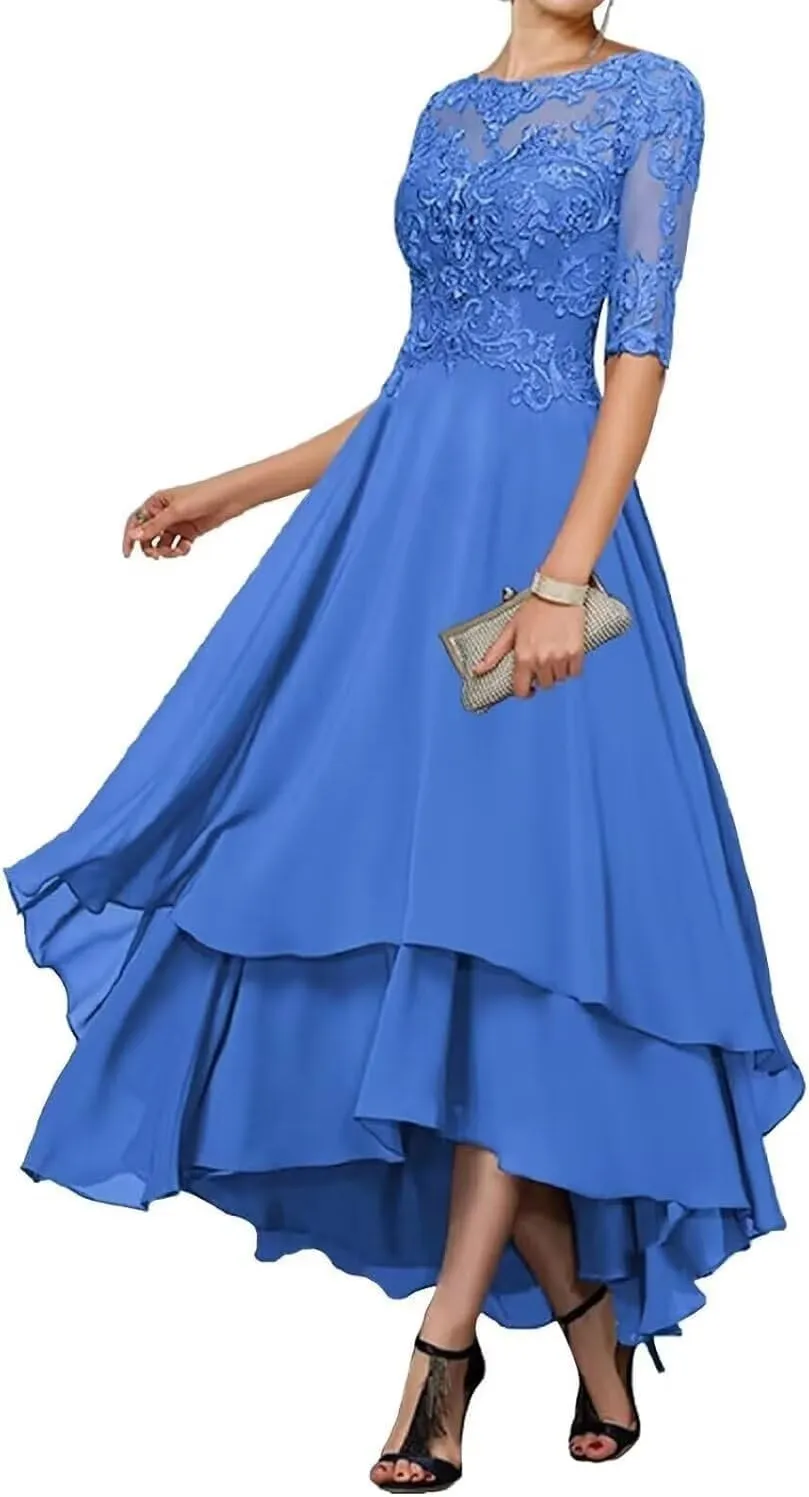 Lace Applqiues Mother of The Bride Dress for Wedding High Low Tiered Chiffon Formal Evening Gowns PG068