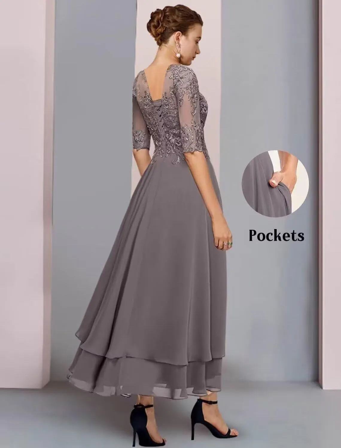 Lace Applqiues Mother of The Bride Dress for Wedding High Low Tiered Chiffon Formal Evening Gowns PG068
