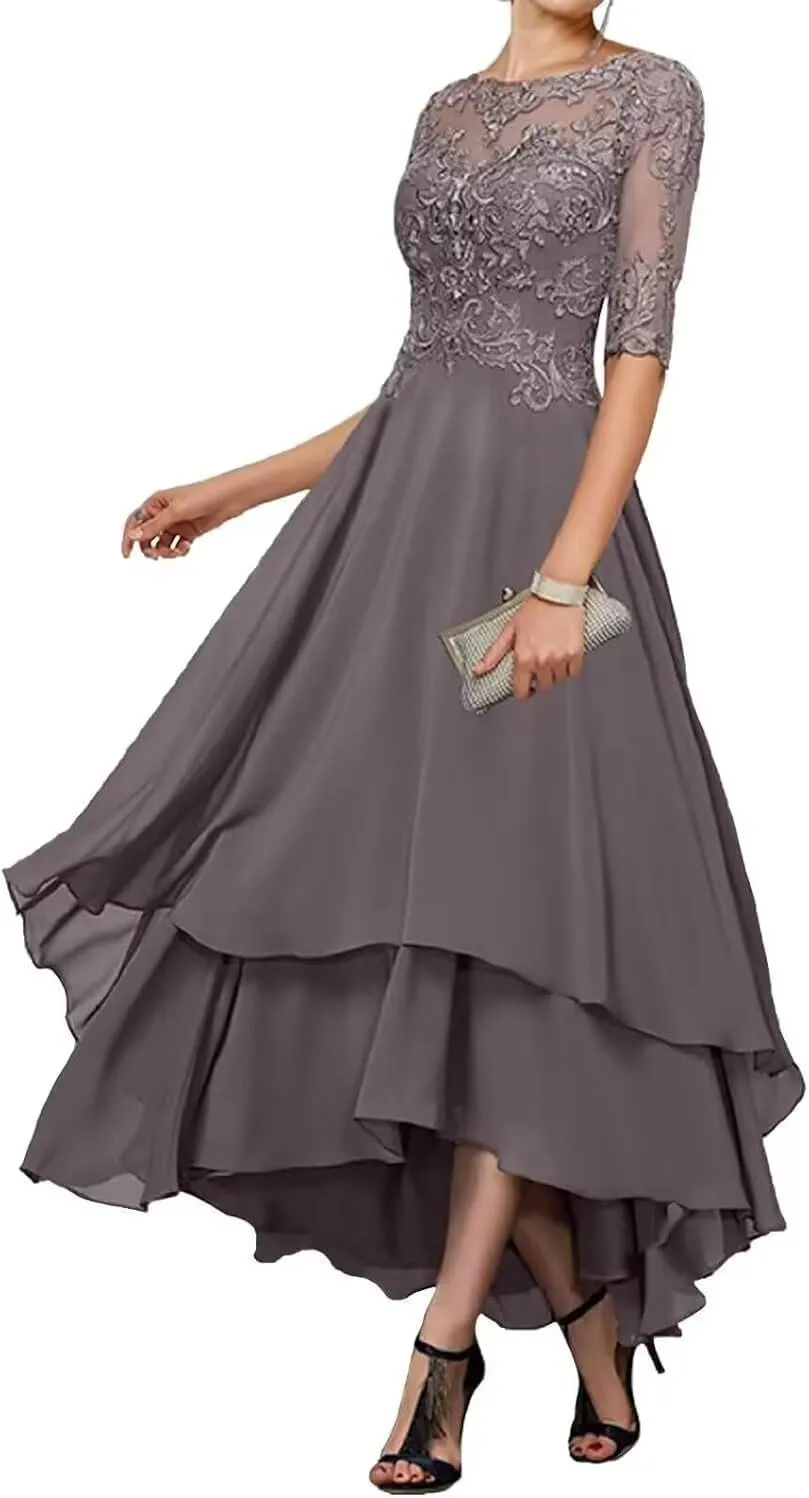 Lace Applqiues Mother of The Bride Dress for Wedding High Low Tiered Chiffon Formal Evening Gowns PG068