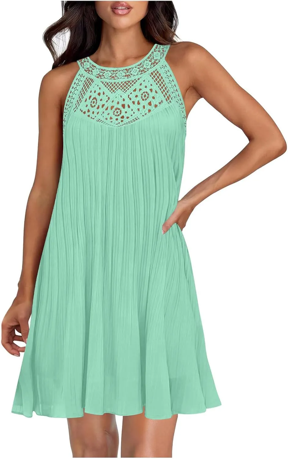 Lace Hollow Out Halter Dress Women's Summer Boho Beach Vacation Sundress Solid Loose Fit Casual A Line Flowy Dresses