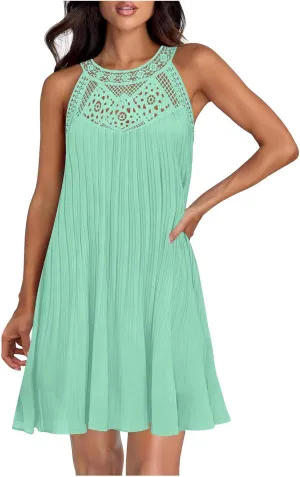 Lace Hollow Out Halter Dress Women's Summer Boho Beach Vacation Sundress Solid Loose Fit Casual A Line Flowy Dresses