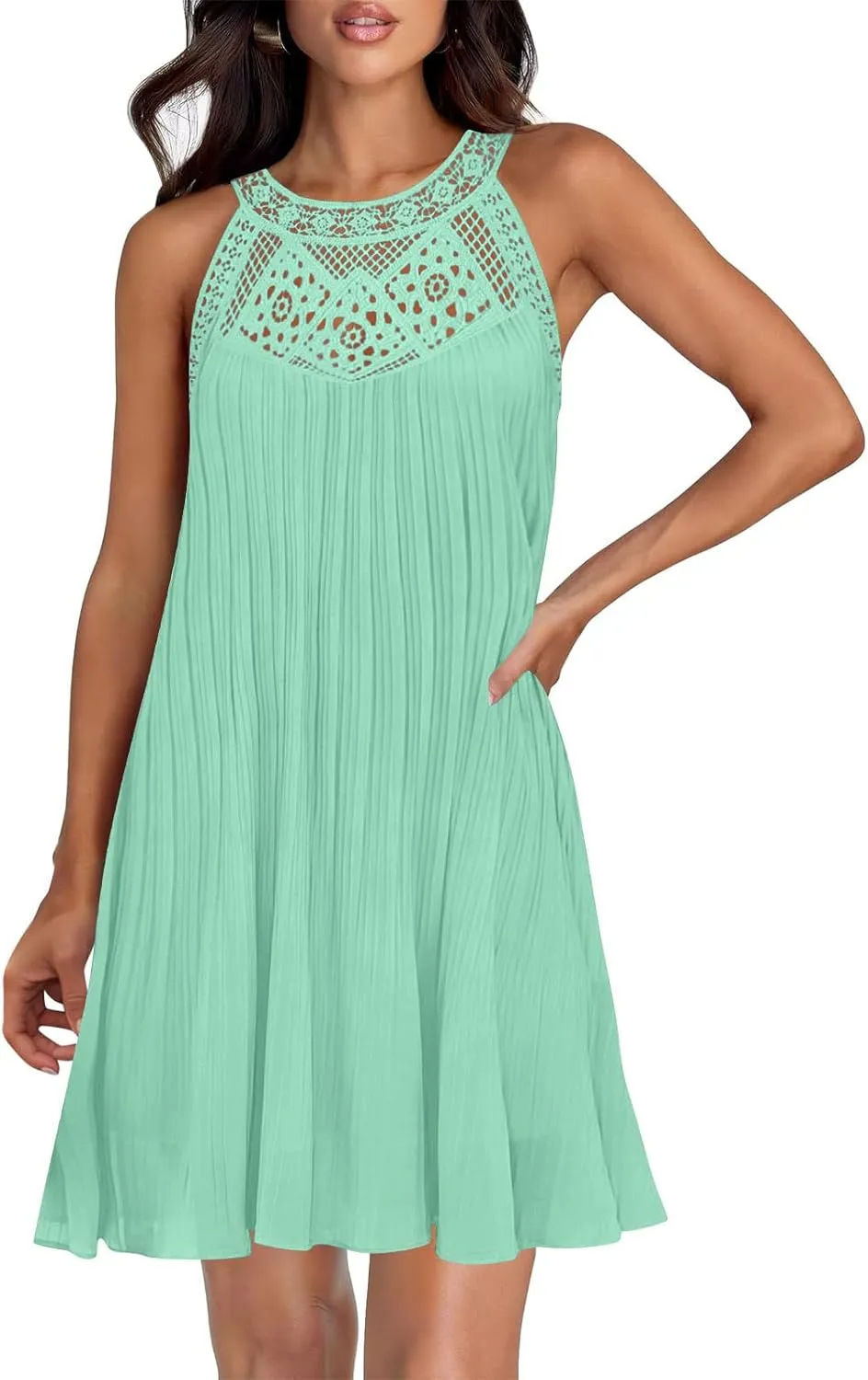 Lace Hollow Out Halter Dress Women's Summer Boho Beach Vacation Sundress Solid Loose Fit Casual A Line Flowy Dresses