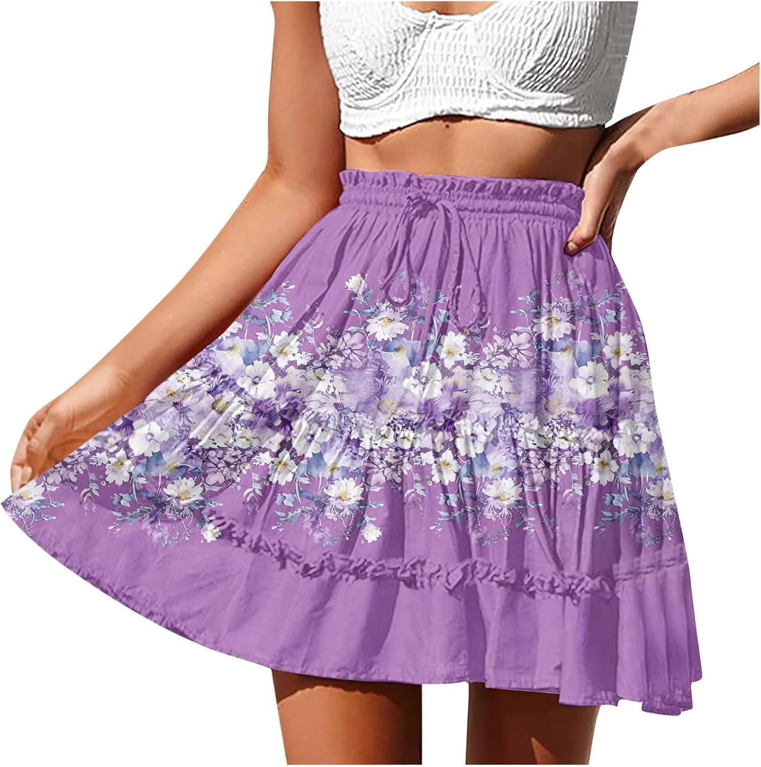 Ladies Floral Boho Skirts 2025 Trendy Summer Ruffle Swing Beach Skirt Casual Bohemian Vacation Skirt for Women