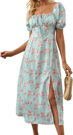Ladies Floral Style Dress Midi Vacation Party Puff Short Sleeve Fashion Casual Side Slit Loose Fit Daily Wear Dresses