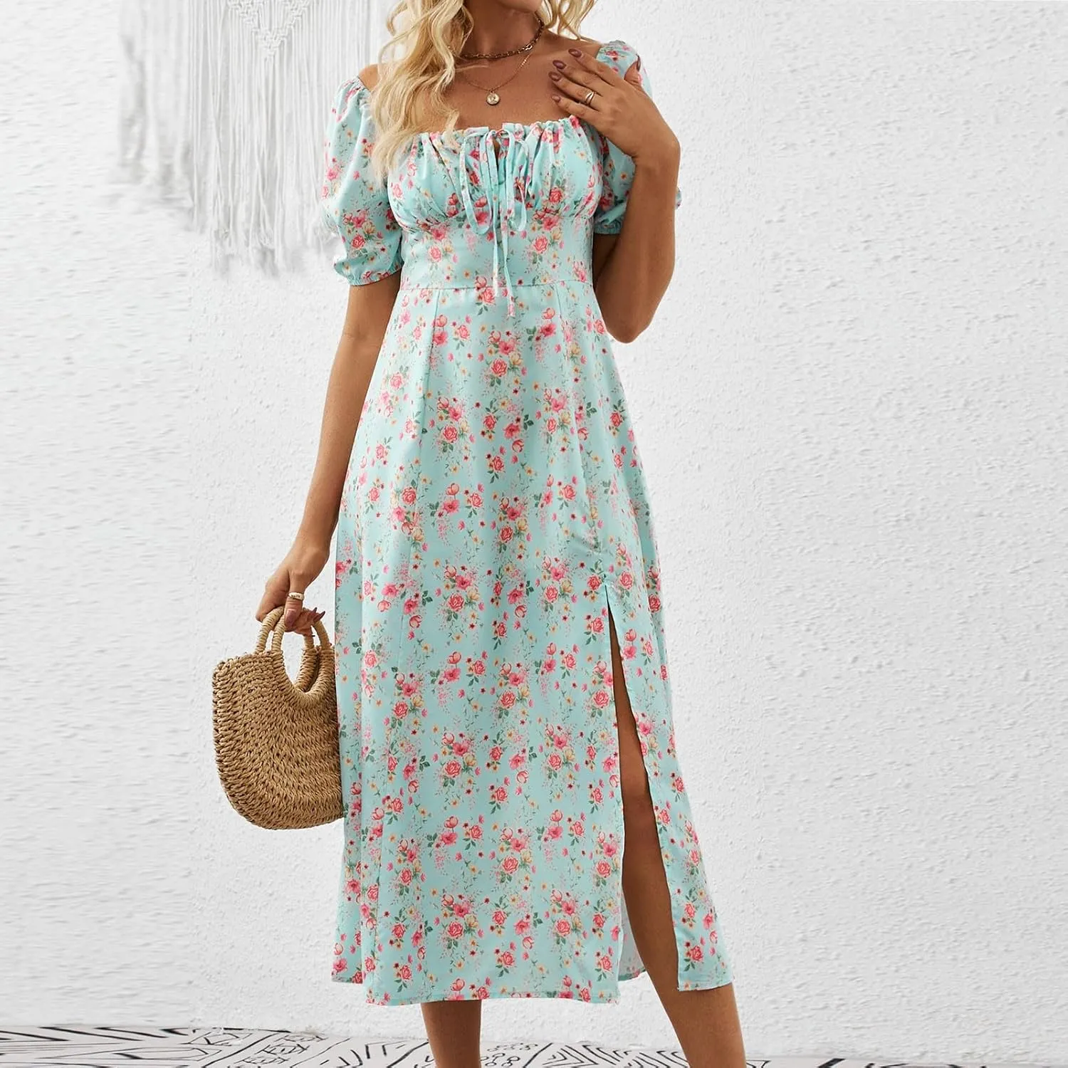Ladies Floral Style Dress Midi Vacation Party Puff Short Sleeve Fashion Casual Side Slit Loose Fit Daily Wear Dresses