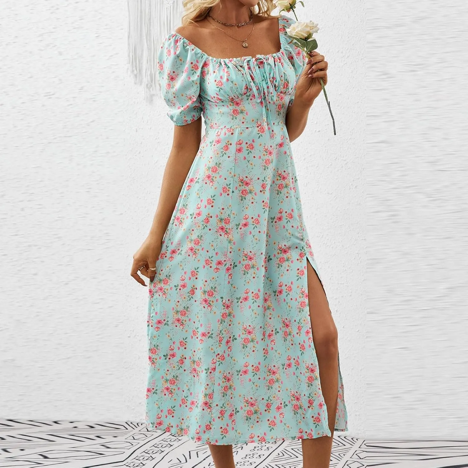 Ladies Floral Style Dress Midi Vacation Party Puff Short Sleeve Fashion Casual Side Slit Loose Fit Daily Wear Dresses
