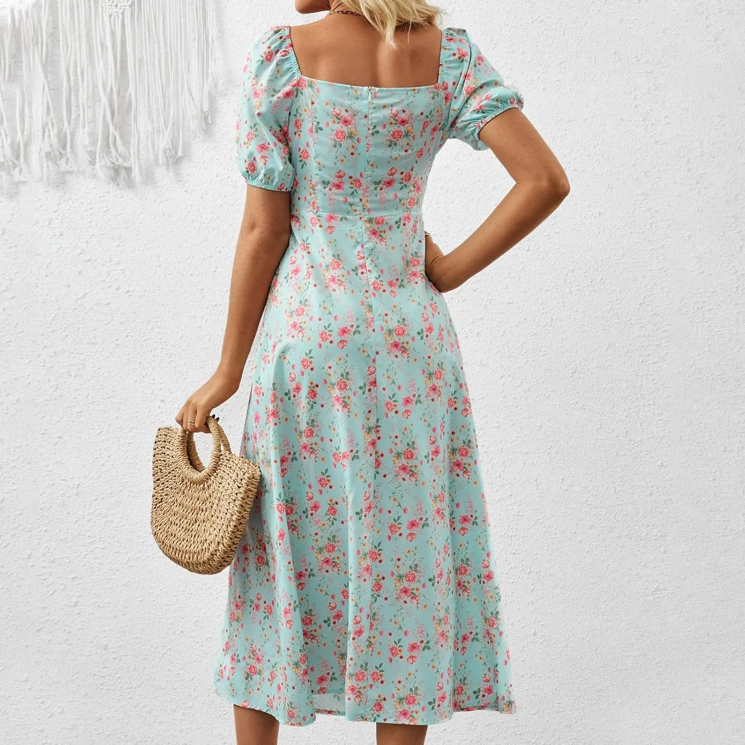 Ladies Floral Style Dress Midi Vacation Party Puff Short Sleeve Fashion Casual Side Slit Loose Fit Daily Wear Dresses